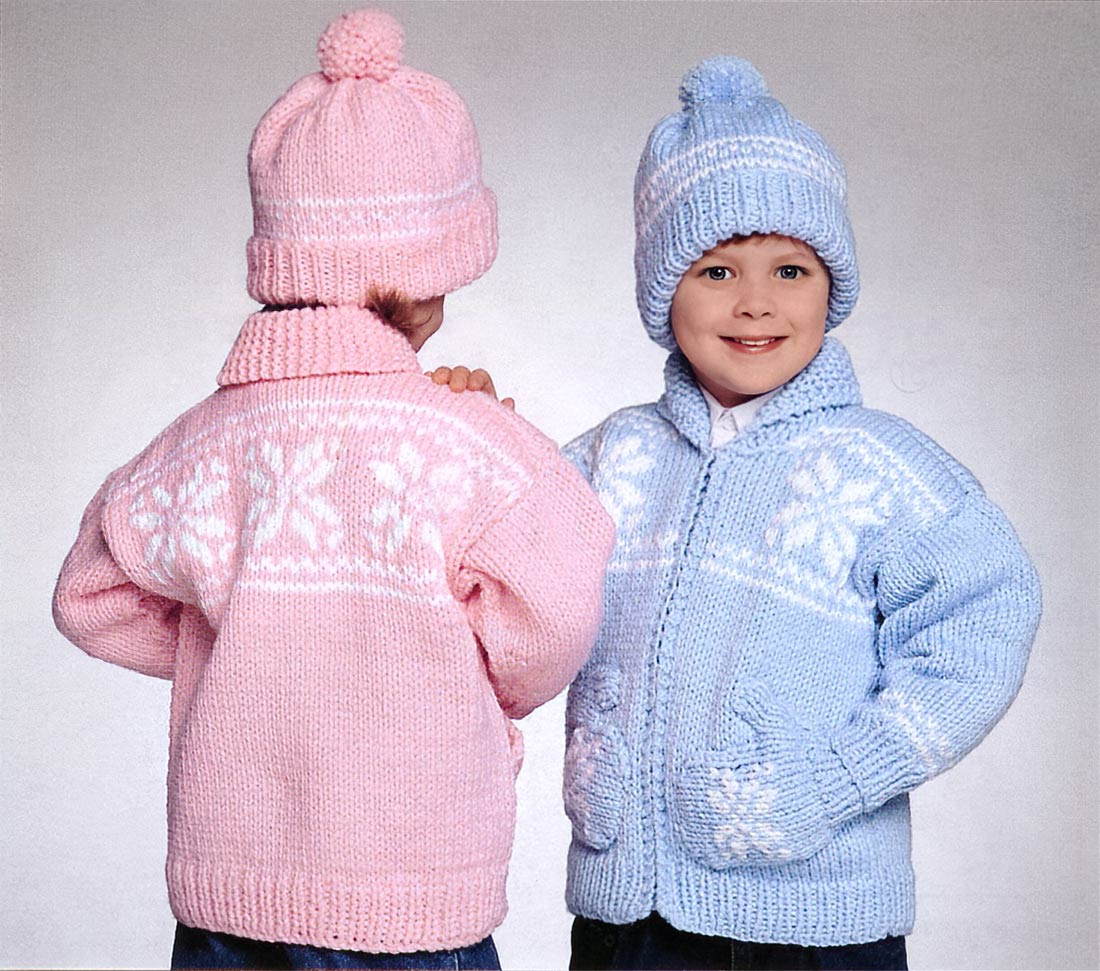 Snowflakes Cardigan with Mitten Pockets and Hat Pattern