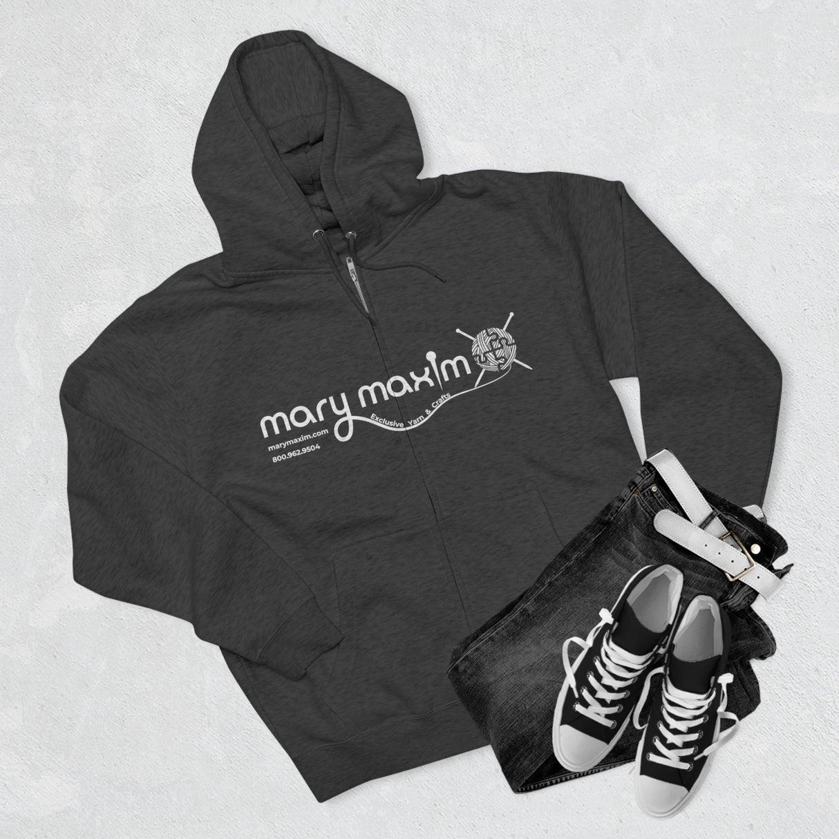 Mary Maxim Full Zip Hoodie - White & Black Logo - Unisex
