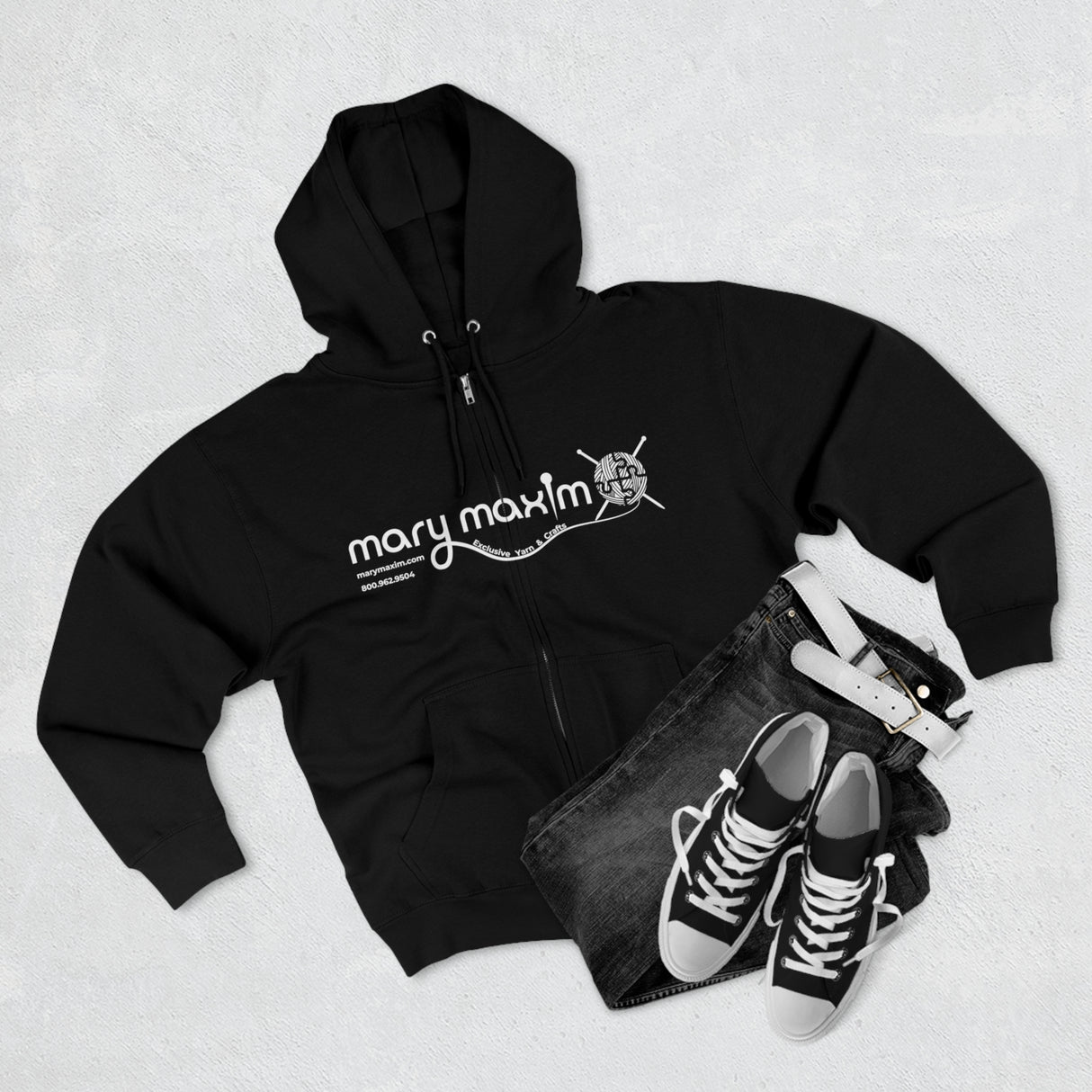 Mary Maxim Full Zip Hoodie - White & Black Logo - Unisex