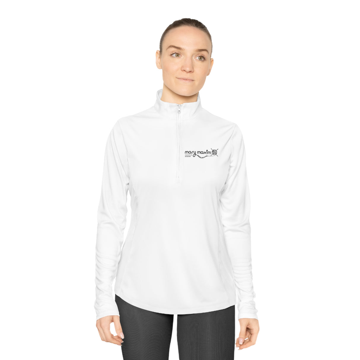 Ladies Mary Maxim Quarter-Zip Pullover - White & Black Logo