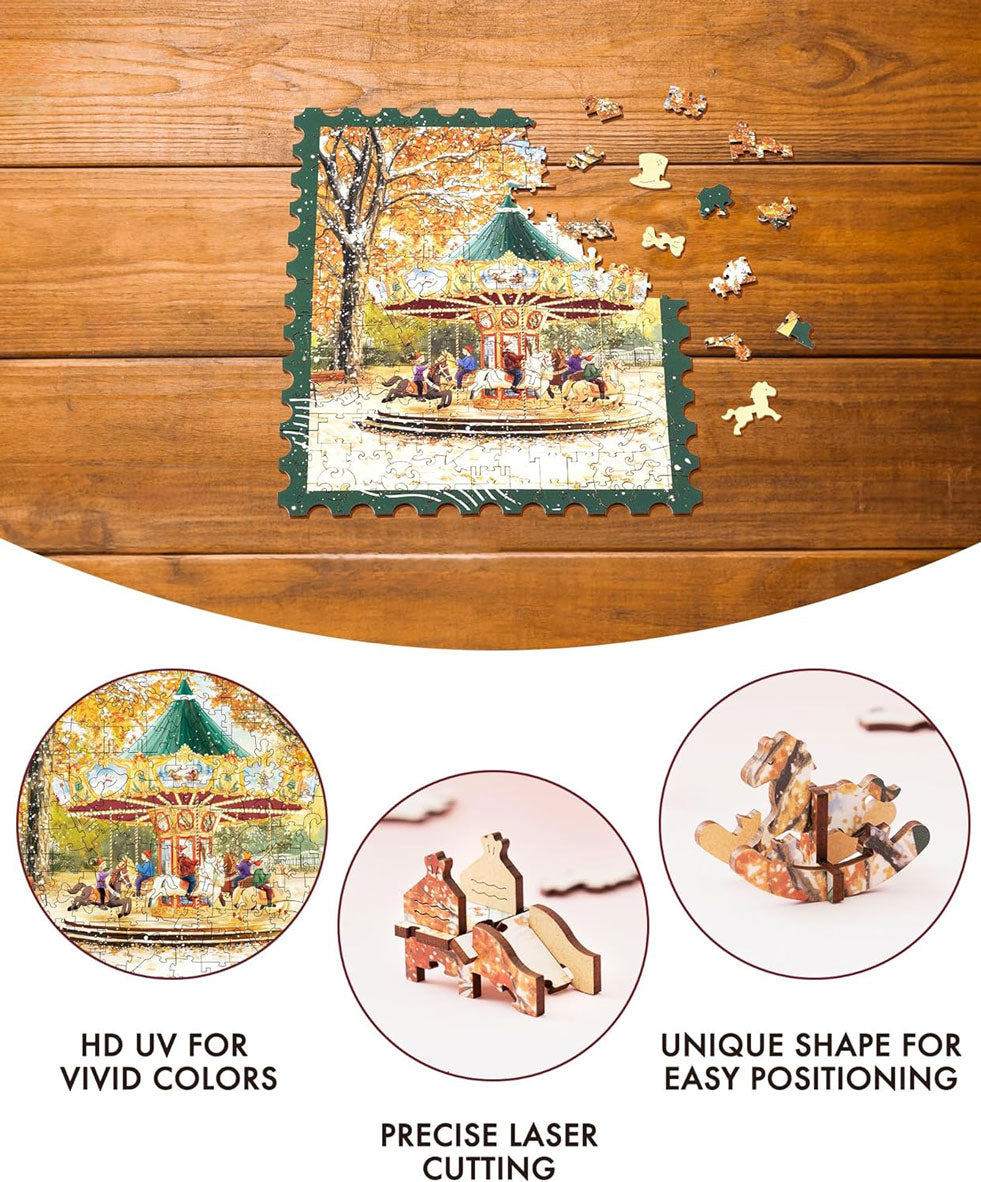 Golden Autumn Carousel Shaped Wooden Jigsaw Puzzle