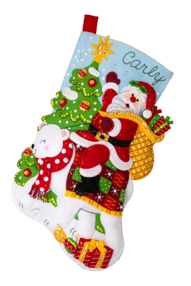 Santa's Polar Bear Ride Felt Stocking