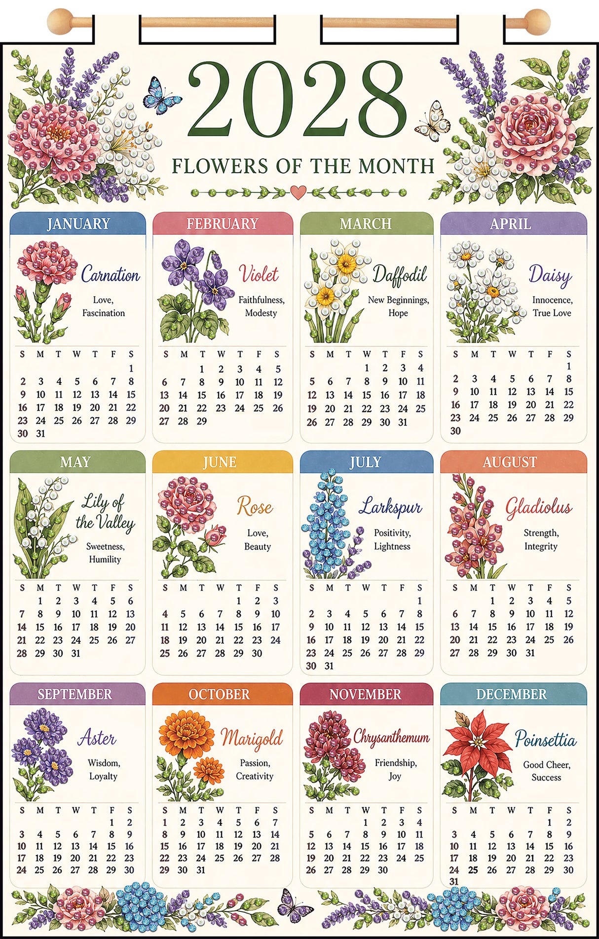Flowers of the Month 2028 Felt Sequin Calendar