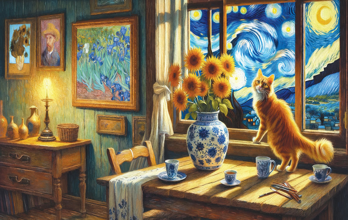 Rompecabezas de El gato en la noche estrellada de Van Gogh