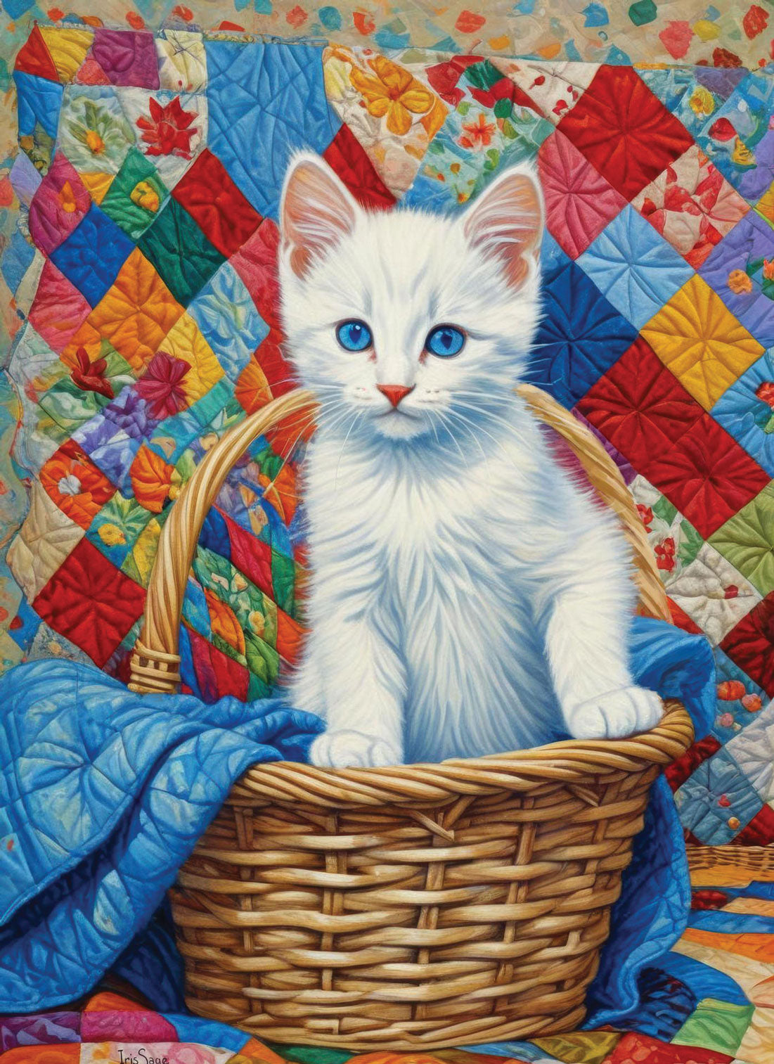 White Kitten and Quilts Jigsaw Puzzle