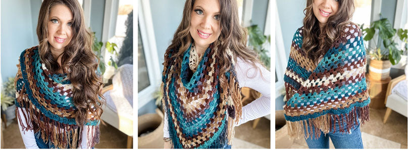 Mantón de crochet de otoño con plumas