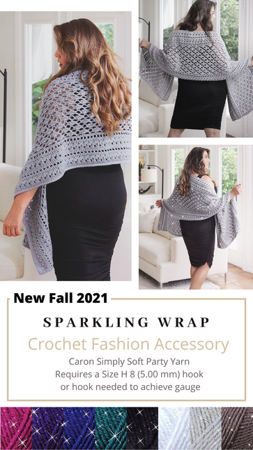 Sparkling Wrap Crochet Fashion Accessory designed with Caron Simply Soft Party Yarn, Three Images of woman wearing wrap and color swatches