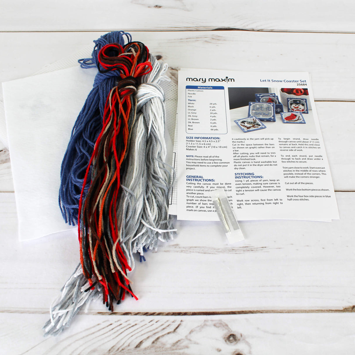 DIY Plastic Canvas Drink Coaster Set with the words "Let it Snow" Chickadee, Cardinal and Snowman with top hat.