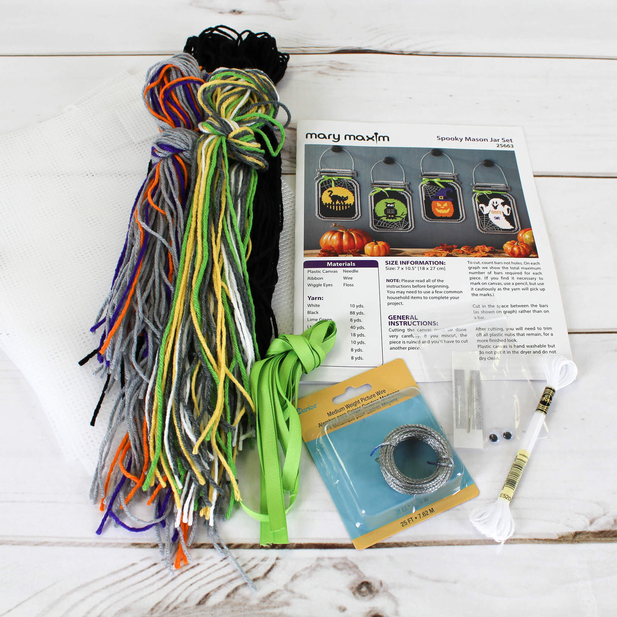 Plastic Canvas home decor wall hanging 4 mason jars featuring a black cat, owl, pumpkin, and ghost on a black background.