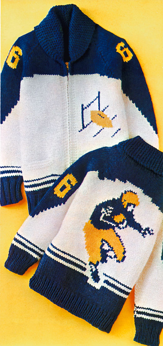 英国人形作家mary dean　左側 青のニットのこ Ladies' or Youth Football Cardigan Pattern – Mary Maxim