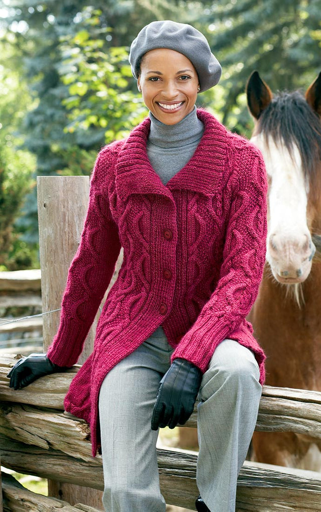 maxi cosi sweater knit Free Long Cabled Cardigan Knit Pattern – Mary Maxim