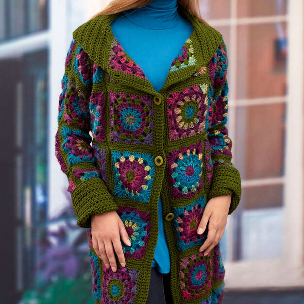 Free Sweater Coat in Grannies Pattern – Mary Maxim