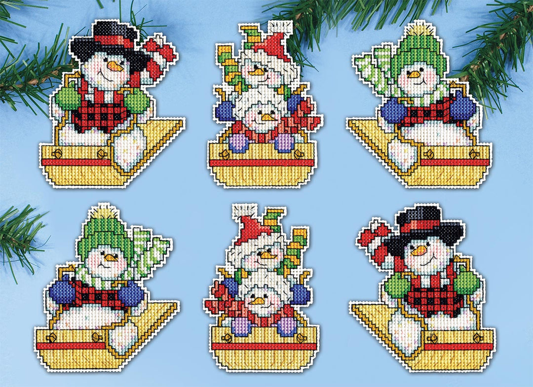 Sledding Snowmen Plastic Canvas Counted Cross Stitch Ornament Kit