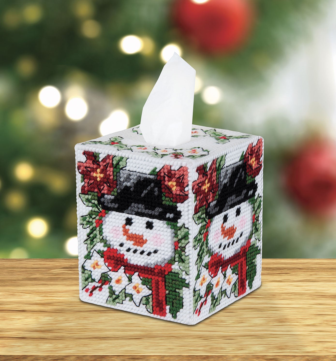 Poinsettia Snowman Tissue Box Cover – Mary Maxim