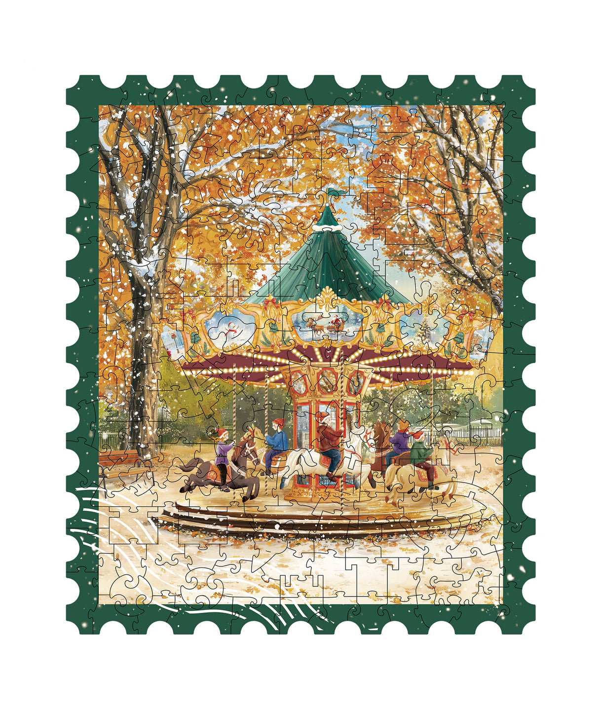 Golden Autumn Carousel Shaped Wooden Jigsaw Puzzle