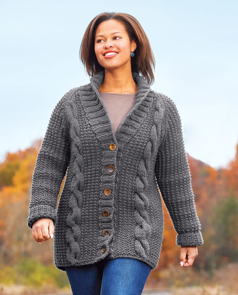 Pillar Cabled Jacket Pattern – Mary Maxim