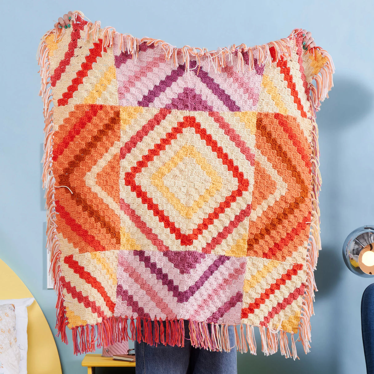 Free Red Heart Crochet Whirlwind Fringe Blanket Pattern