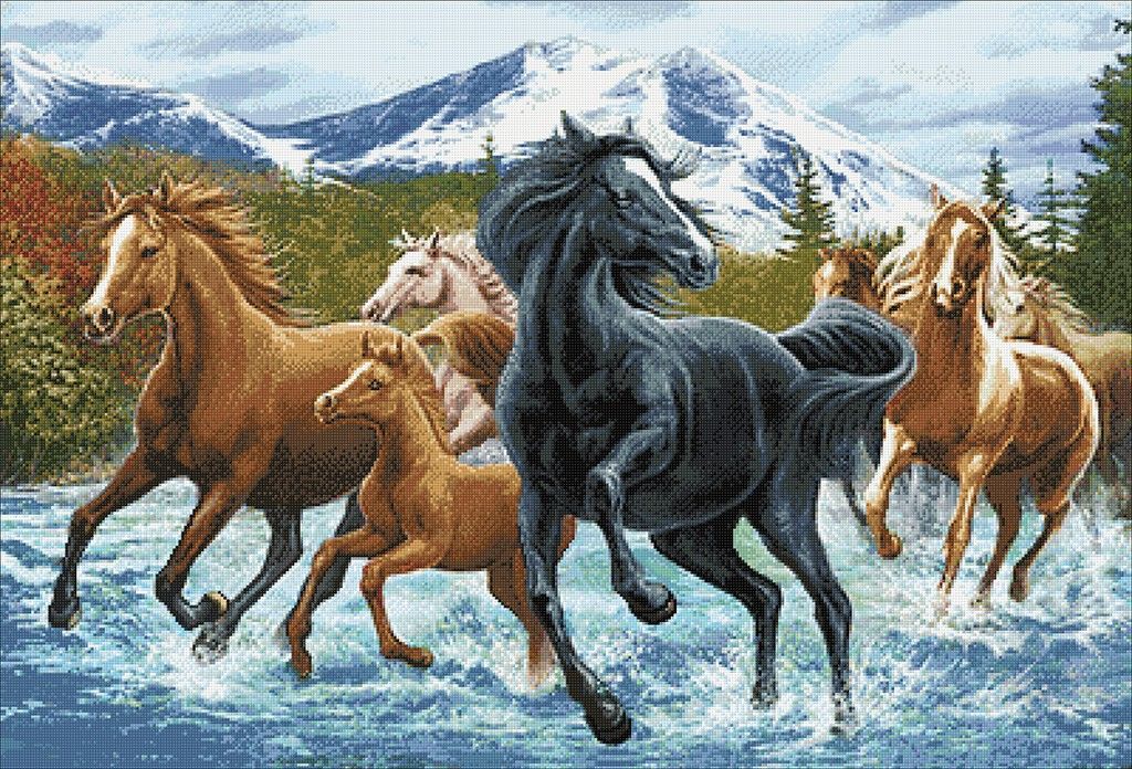 Horse Herd in the Mountains Wizardi Diamond Painting Kit
