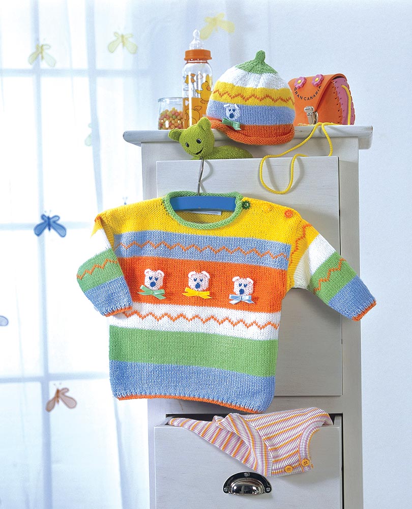 Striped Pullover & Hat With Bears Pattern