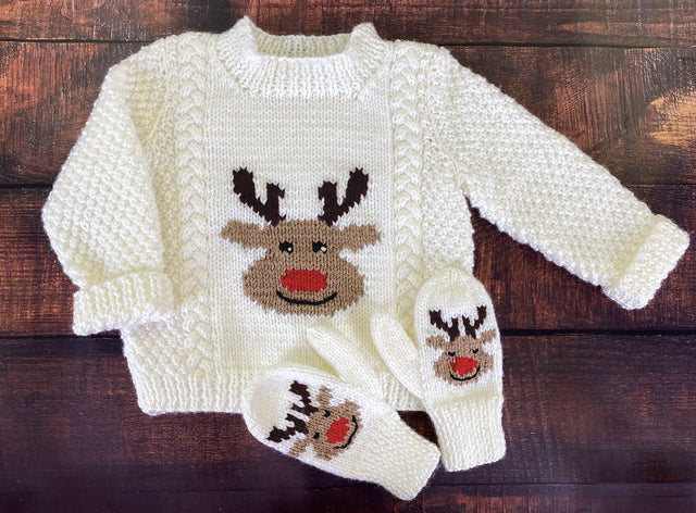 Reindeer Pullover and Mitts Knit Childs Christmas Sweater Kit