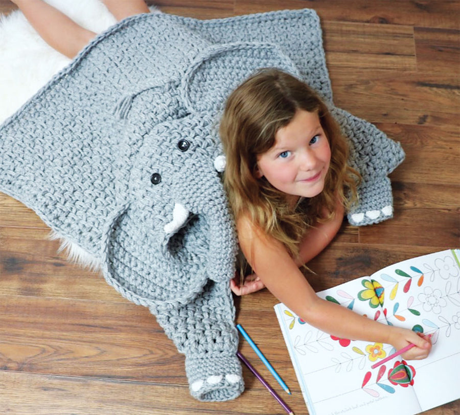 Crocheted elephant blanket for kids with attached mittens
