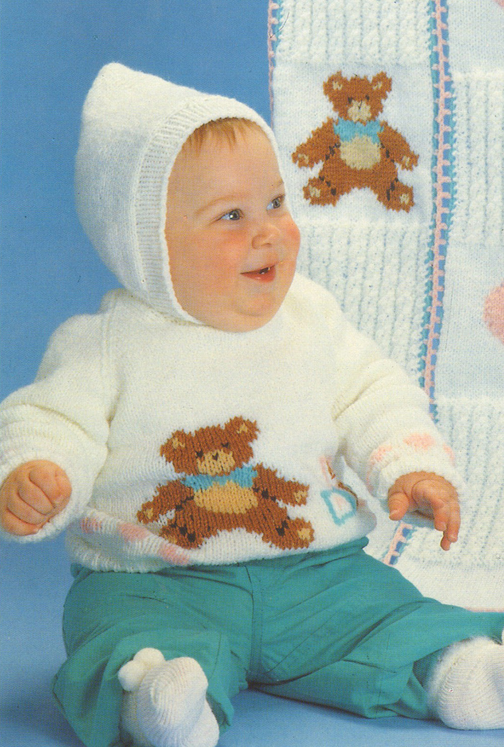 Hooded Baby Sweater With Bears Pattern
